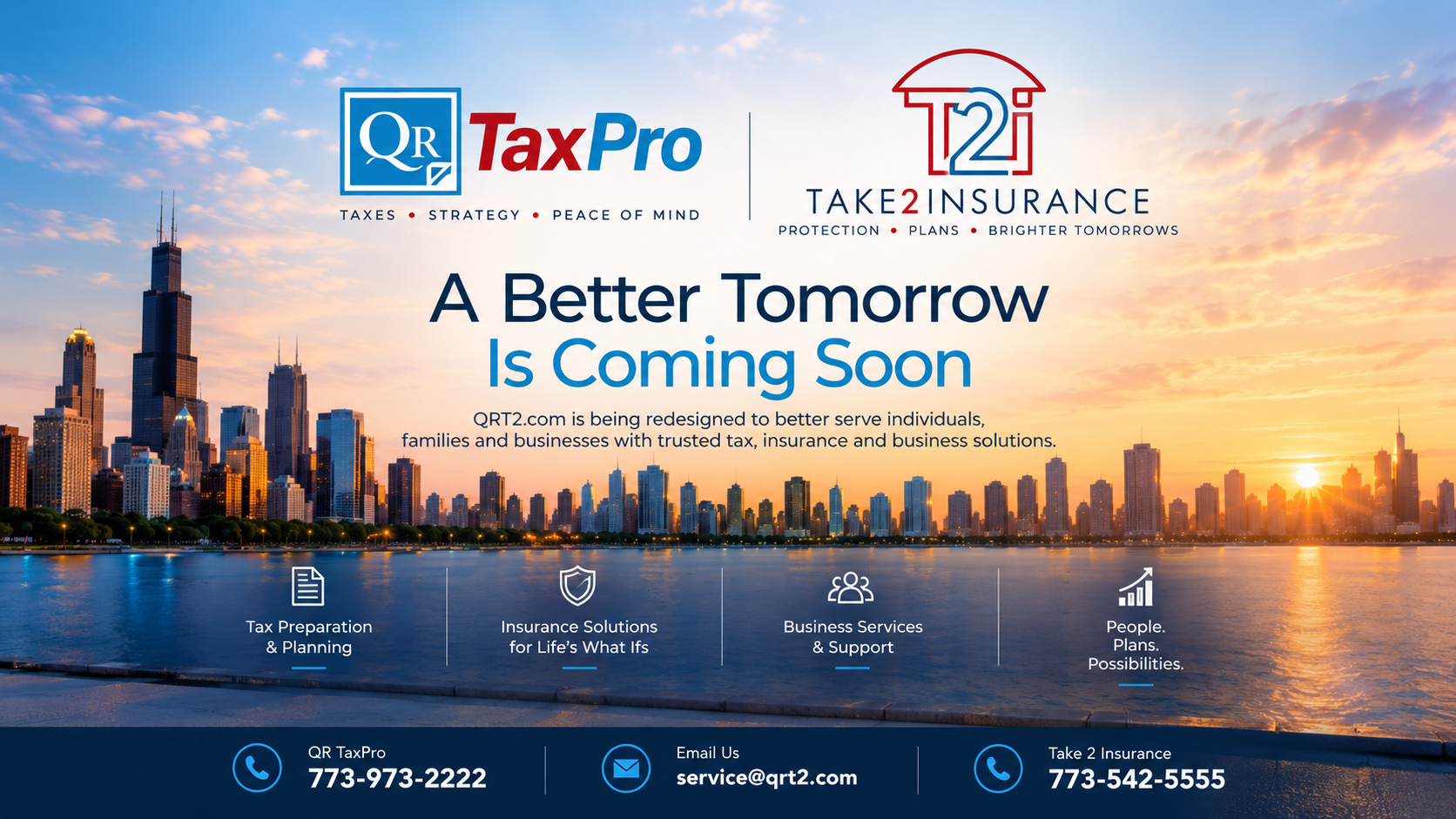 QRT2.com coming soon, featuring QR TaxPro and Take 2 Insurance.